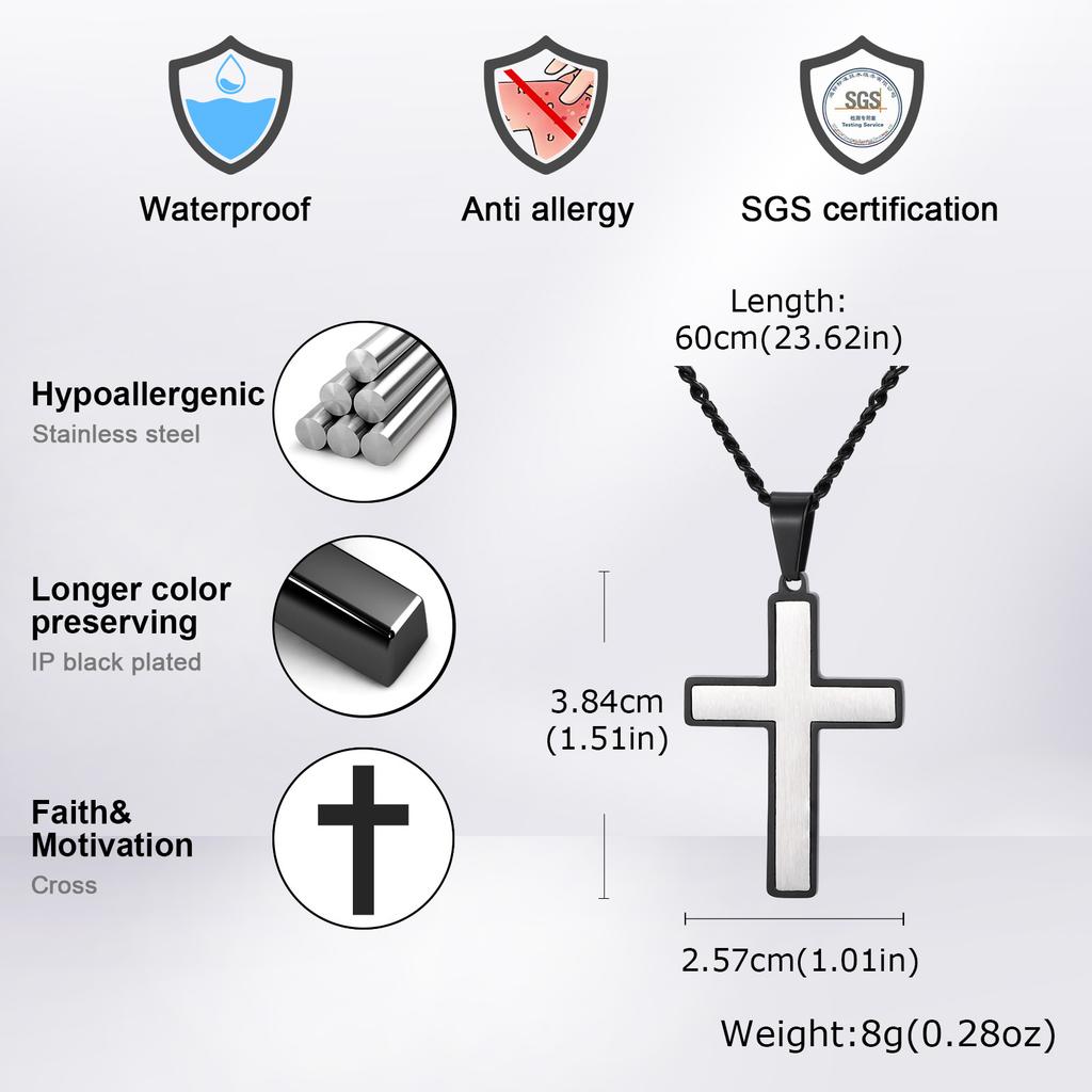 Vnox 60cm Stainless Steel Cross Necklace for Men Women, Matte Black Cross Pendant with Link Chain, Unisex Christian Jewelry Gift