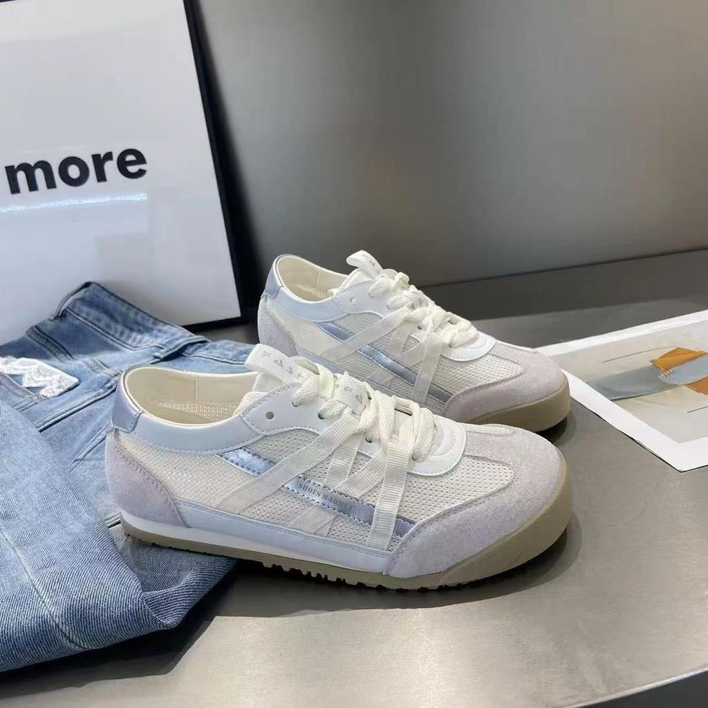 Dexun Shoes Women's New Soft Leather Mesh Retro Sports Shoes Hollow Breathable Forrest Gump Shoes Flat-bottomed Versatile Board Shoes