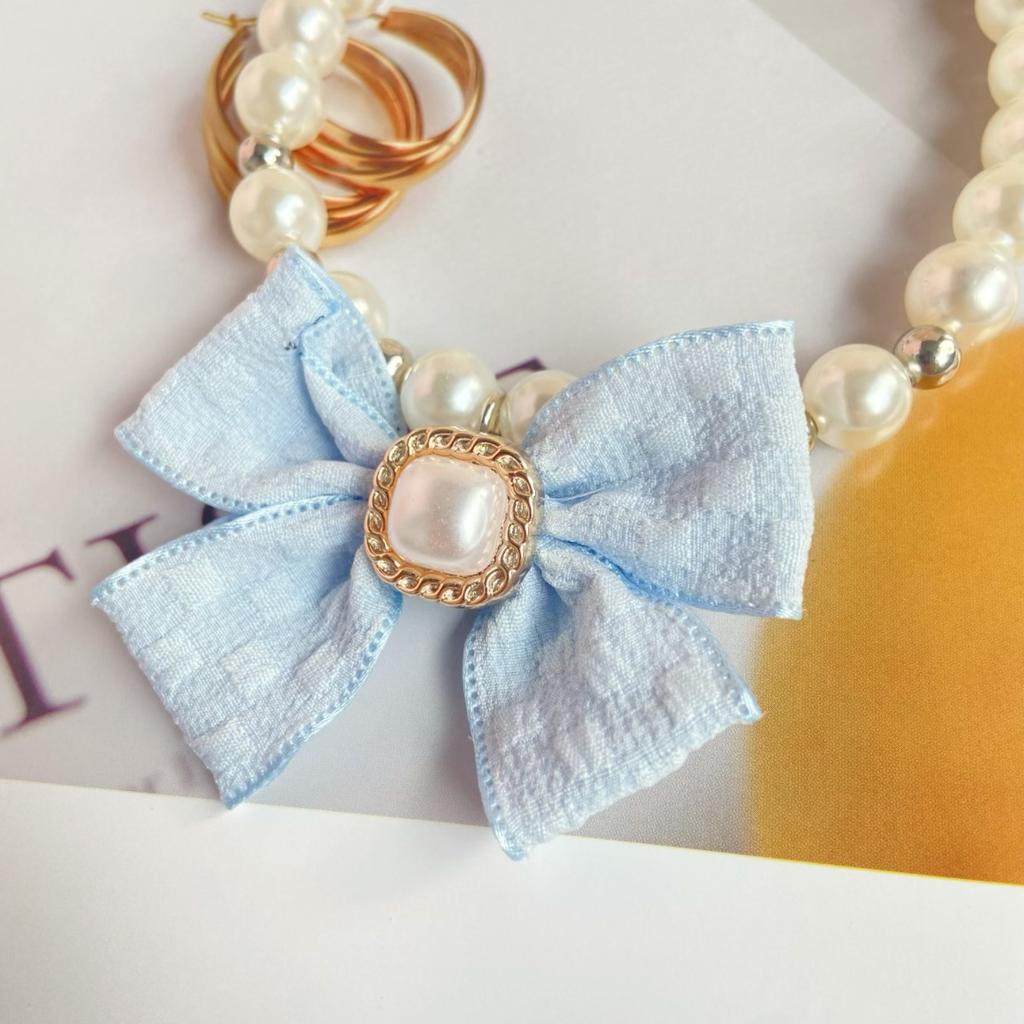 Cream Wind Pet Pearl Necklace Temperament Bow Elegant Princess Wind Cat Dog Accessories Kitten