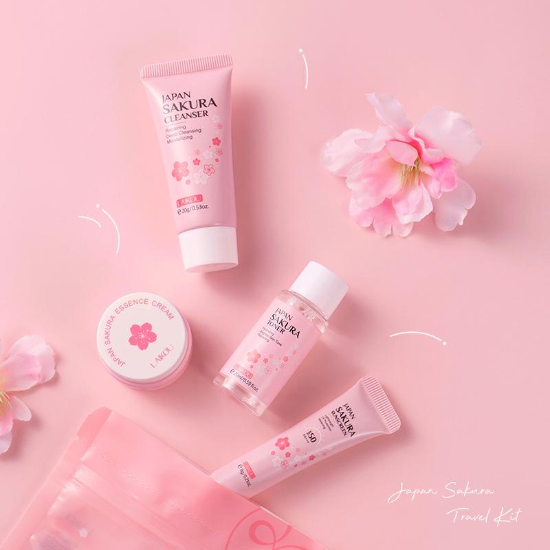 LAIKOU Japan Sakura Skin Care Travel Set 4 Pcs Cleanser, Toner, Cream, Essence