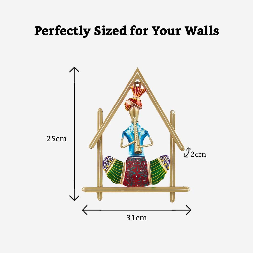 Set of 3 Rajasthani Hut Musicians Wall Hangings for Home Decoration, Metal Wall Art Frame Multicolor Wall Sculpture for Living Room (25L X 2W X 31H)