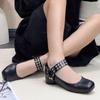 Mode Punk Nitar Spänne Rem Mary Janes Kvinnor Fyrkantig Tå Solid Läder Ballerinaskor Damer Mjuka Slip-On Loafers Femme Platta Ballerinor