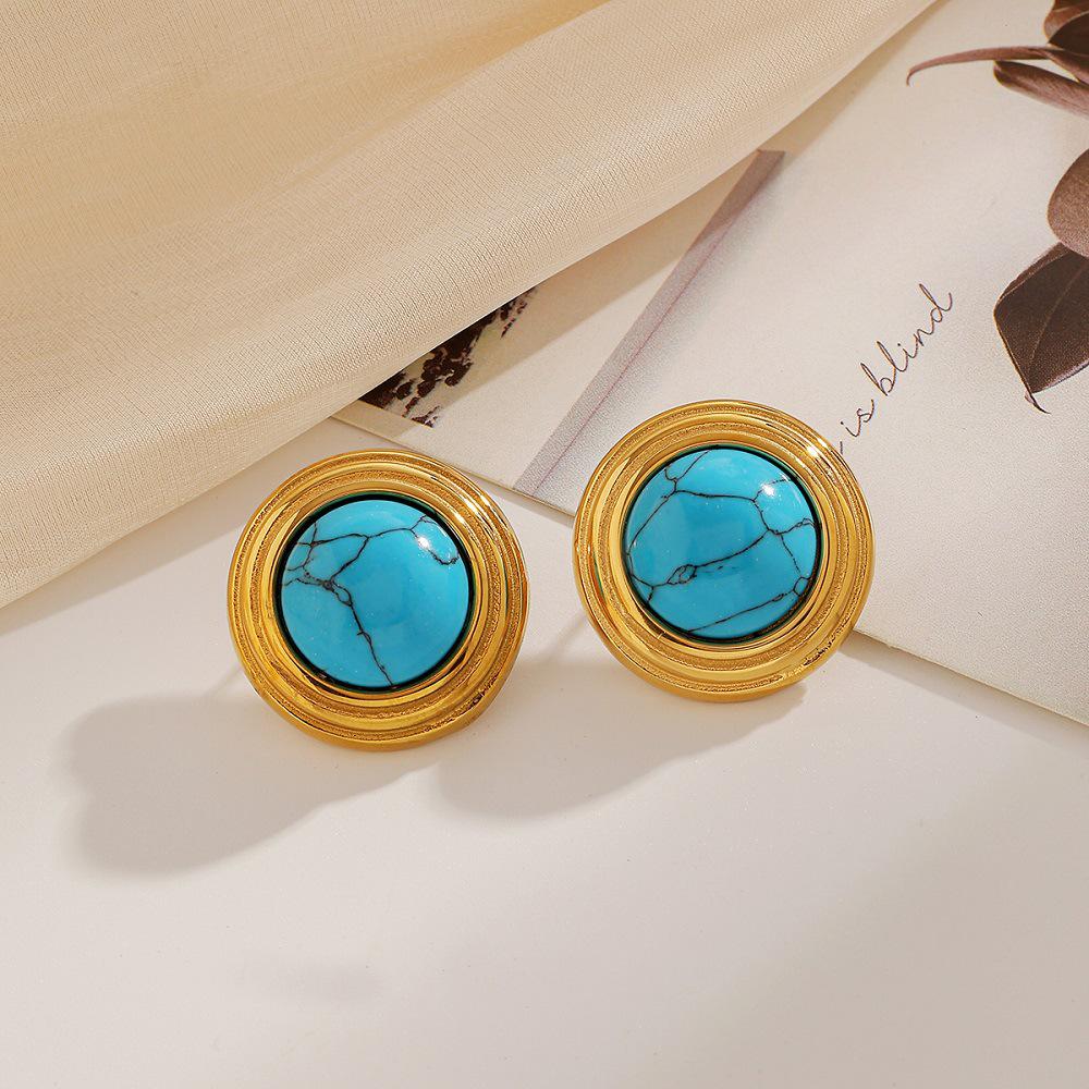 Ying Tai 18K Gold Vacuum Plated Stainless Steel Turquoise Texture Stud Earrings - Non-fading, High Polish Finish.
