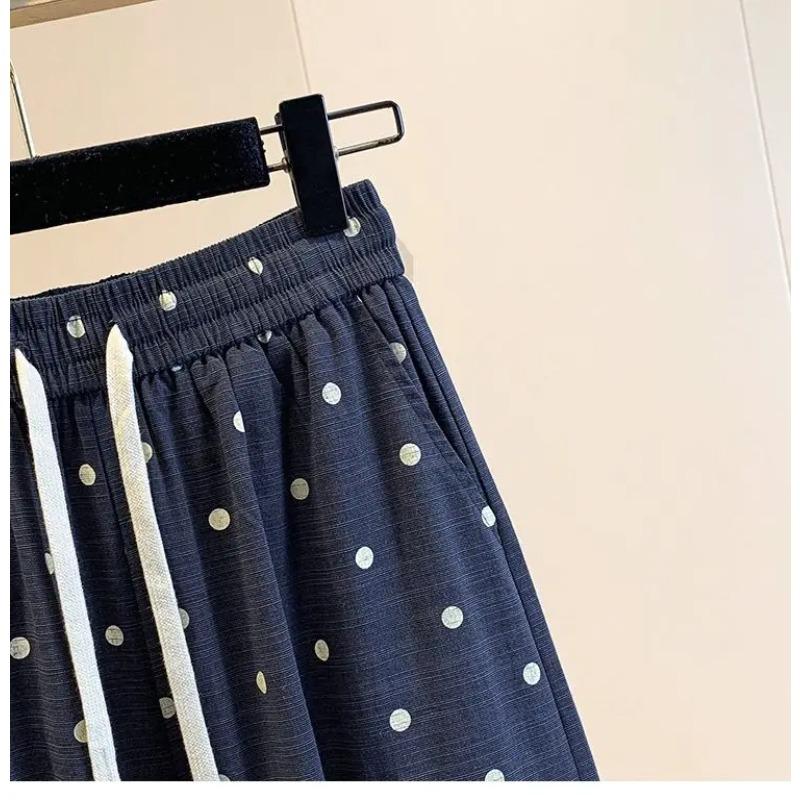 2026 Summer Cotton Linen Polka Dot Trousers Women's Loose Wide Leg Versatile Nine Point Harem Pants Korean Version Lantern Pants
