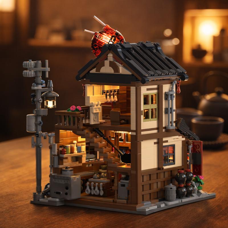 City Japanese Ramen Shop Street View Building Blocks Lamian Noodles Restaurant Architecture Lights Bricks Decoration Toys Gift