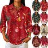 Damen Lässige Weihnachts-Print Knopfleiste Dreiviertelärm Kragenbluse für Feiertagspartys