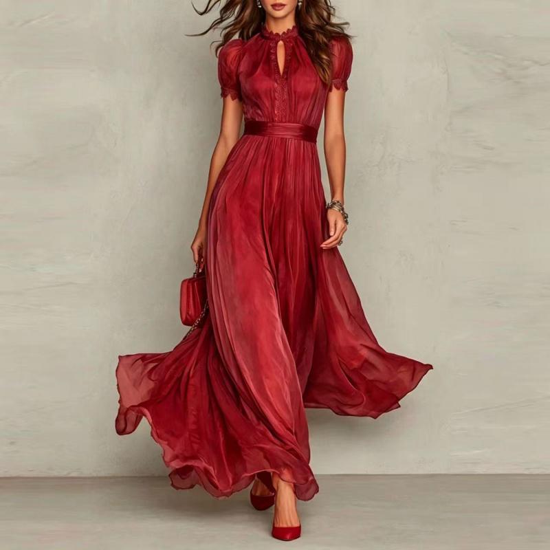 Women's Summer Chiffon Dress Printed Short Sleeve V Neck Flowy Maxi Dress Loose Layered Ruffle Lace-Up Long Dress