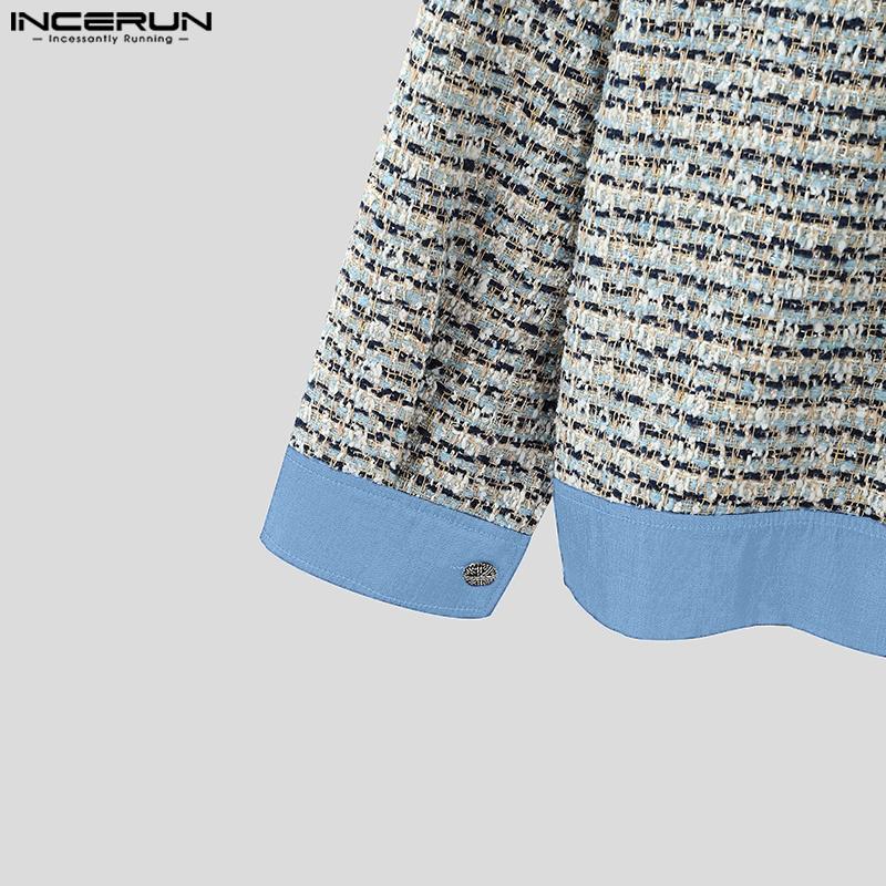 INCERUN Oversized Men Lapel Long Sleeve Plaid Patchwork Texture Casual Coats