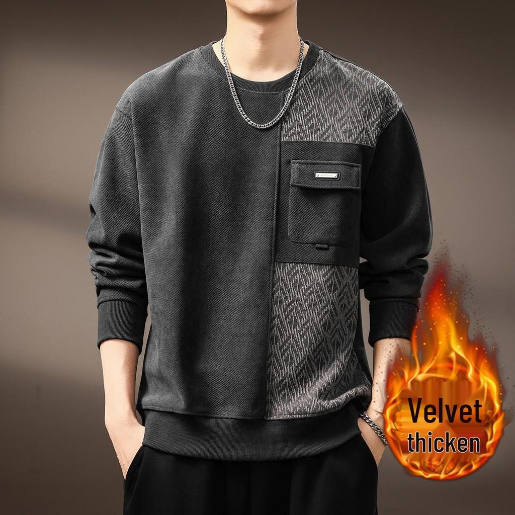 High-End Retro Jacquard Patchwork Raglan Sleeve Men's Sweatshirt - Autumn Heavyweight Trendy Round Neck Casual Top