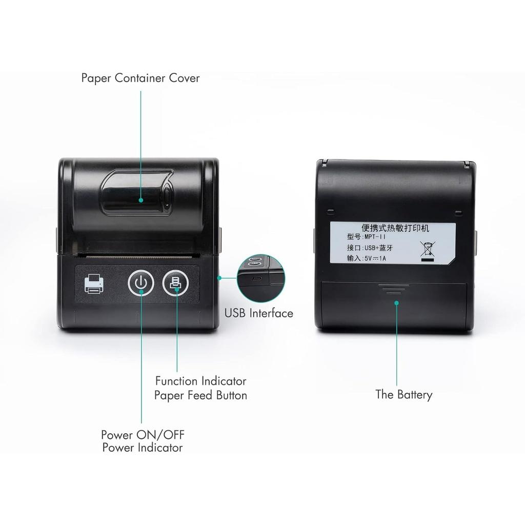 Portable Mini Thermal Receipt Printer USB & BT Connection 2 Inches 57mm Wireless Printer High Speed with 1 Roll Paper Inside Compatible with iOS
