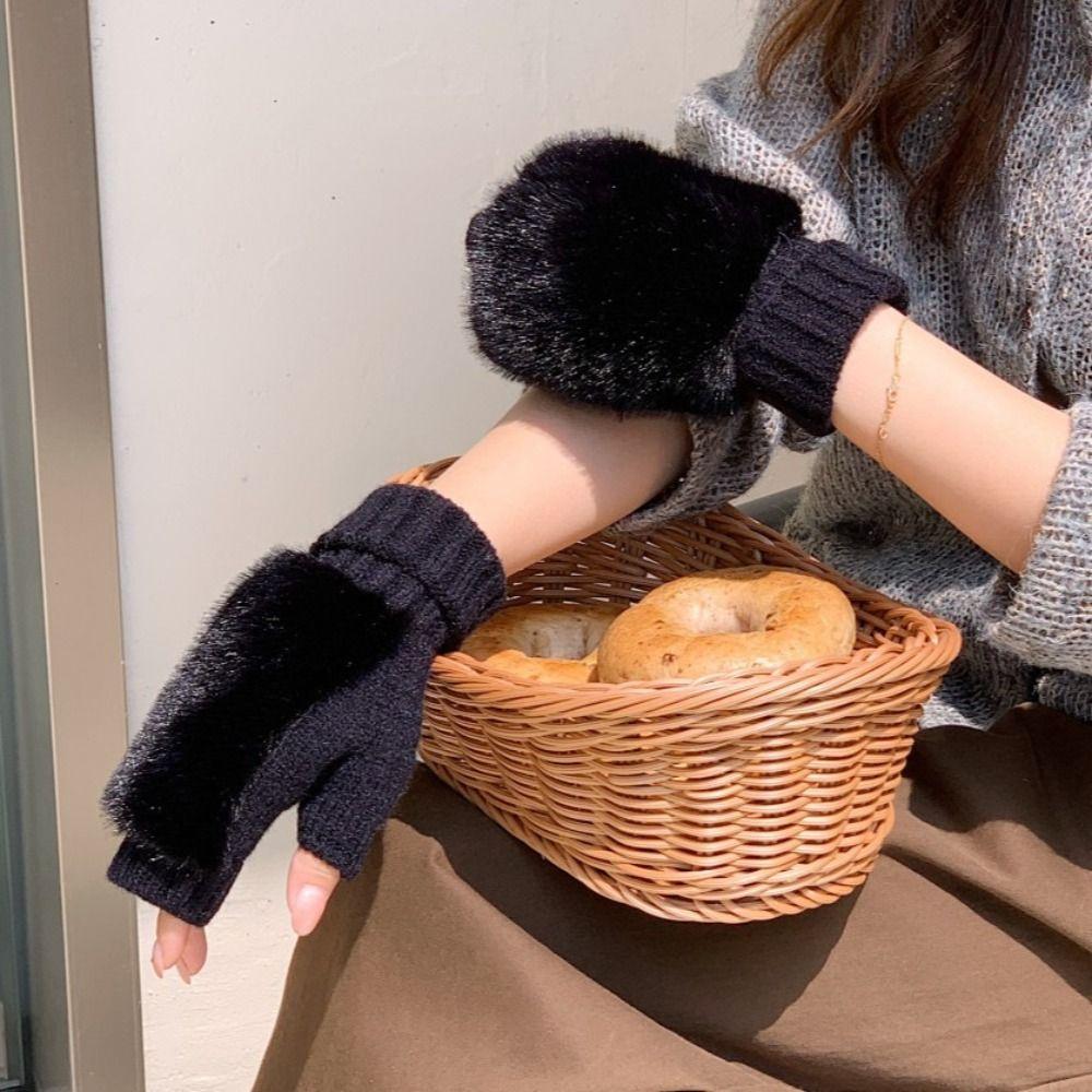 Warm Knitted Gloves Soft Plush Gloves Fashionable Half-Finger Gloves Women