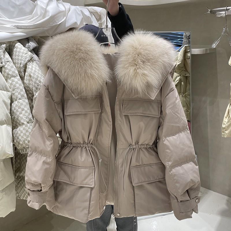 Womens Short Puffer Jacket With Real Fox Fur Collar Drawstring Waist Loose Fit Down Fill Winter