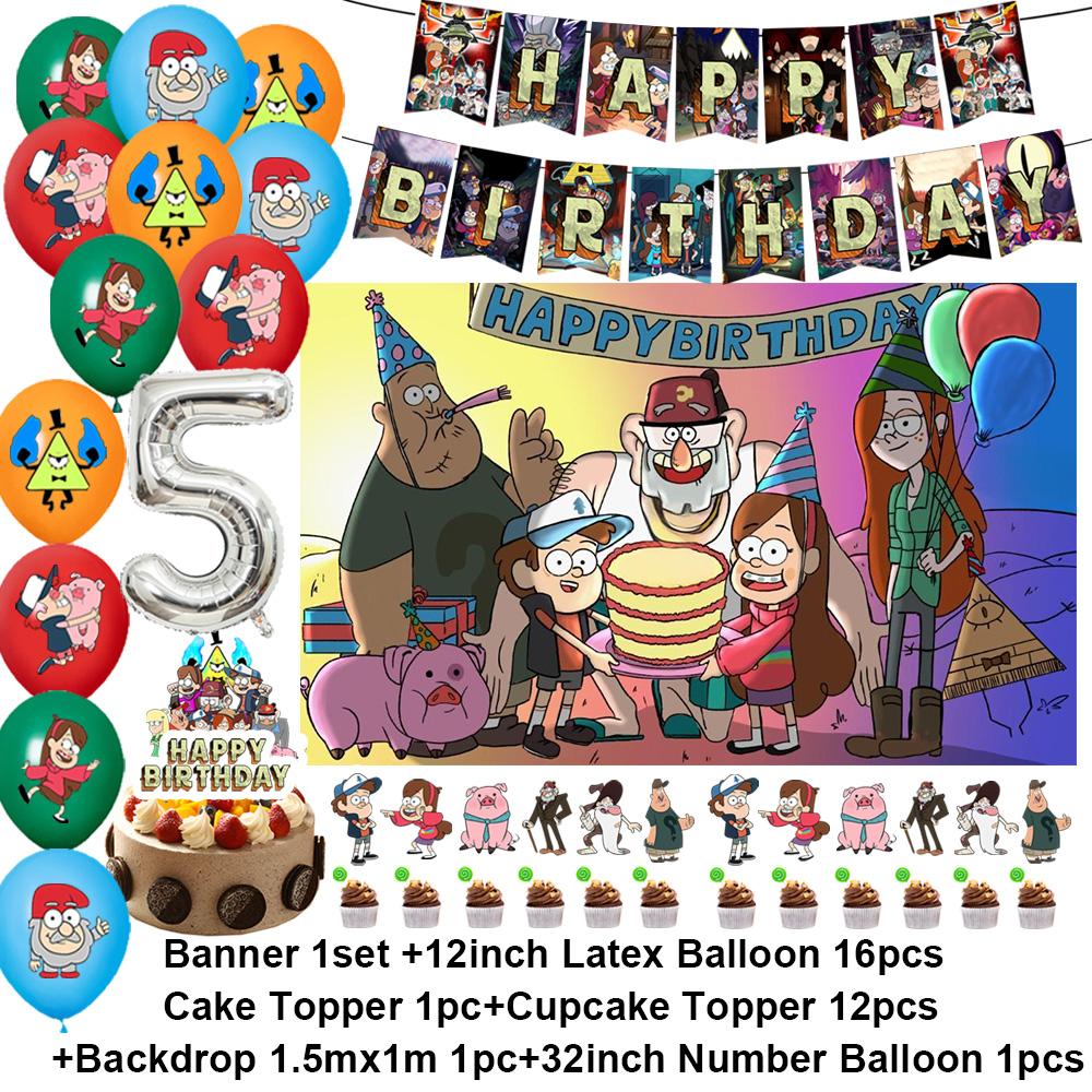 G&Gravity F-Falls Theme Birthday Party Decoration Cartoon Backdrop Banner Cake Topper Number Balloon Baby Shower Party Supplies