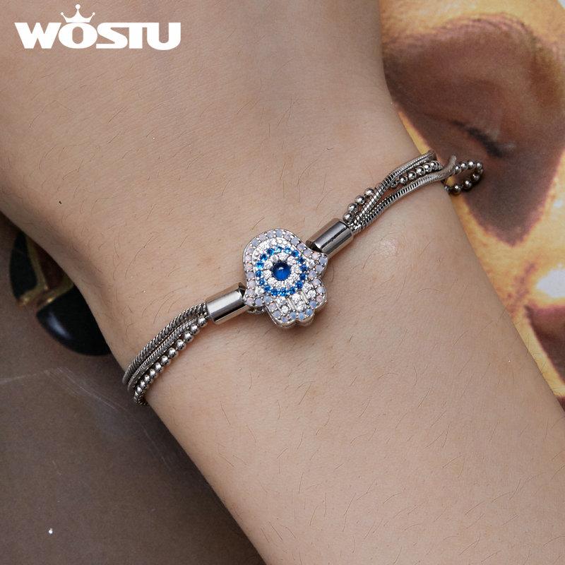 WOSTU Pulseira de corrente básica de prata esterlina 925 com mão de Fátima e corrente de cobra empilhada para mulheres, pingentes faça você mesmo, joias finas de zircônia azul