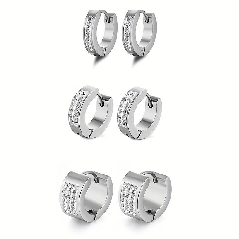 1/9 Pairs Unisex Punk Stainless Steel Crystal Cubic Zirconia Round Huggie Hoop Earrings for Men Women Daily Party Wear Jewelry