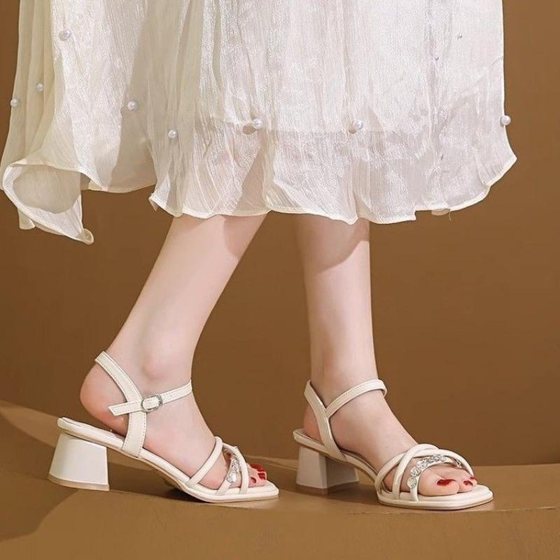 Gentle thick-heeled sandals women's spring new rhinestones with temperament gentle women's shoes