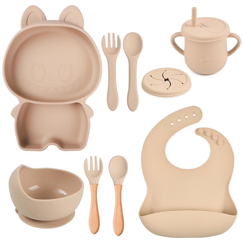 Baby Silicone Dinnerware Set: Silicone Bowl, Cartoon Plate, Bib, Divided Stainless Steel Spoon, Fork, Cup.