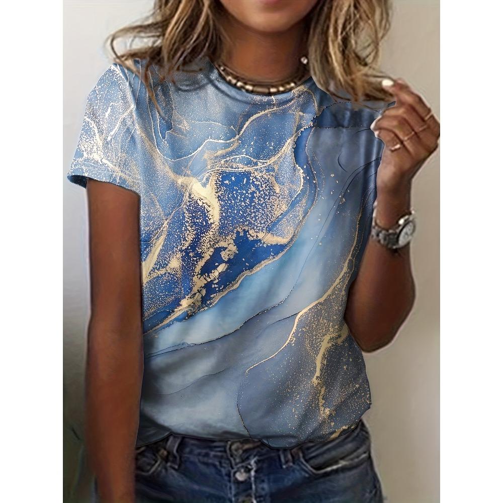 Letni damski top z krótkim rękawem z nadrukiem 3D w kwiatowy wzór z gradientem, modny T-shirt z dekoltem O, kwiatowa tekstura