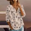 Women’s Floral Pattern Henley Neck Button Front Cotton Linen Shirt with 3/4 Sleeves Relaxed Fit Casual Blouse for Everyday Wear