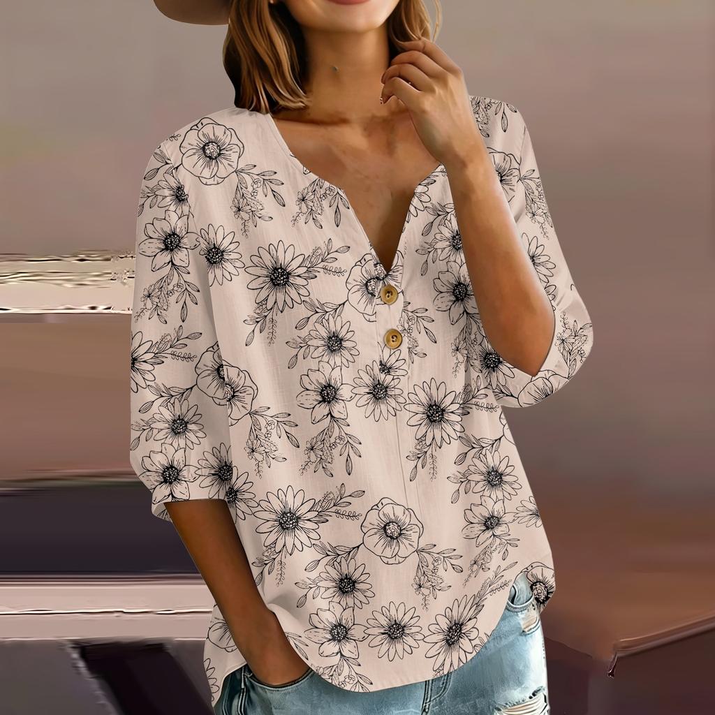 Women’s Floral Pattern Henley Neck Button Front Cotton Linen Shirt with 3/4 Sleeves Relaxed Fit Casual Blouse for Everyday Wear