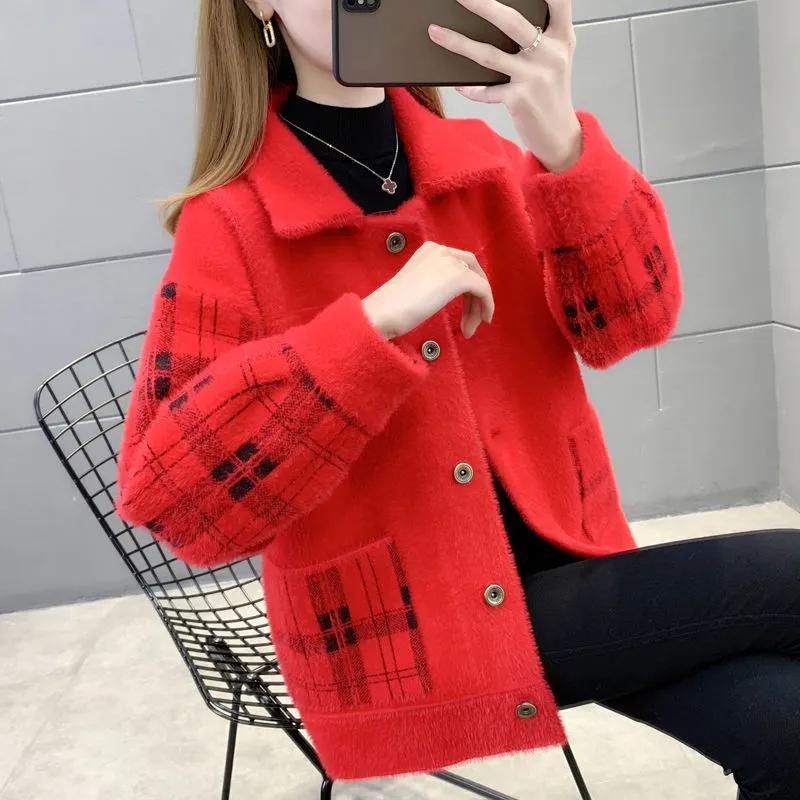 Jachetă din catifea din nurcă imitație pentru femei, primăvară, toamnă, jachete pentru mama coreeană, pulover din nurcă imitație, cardigan pentru femei, nasturi