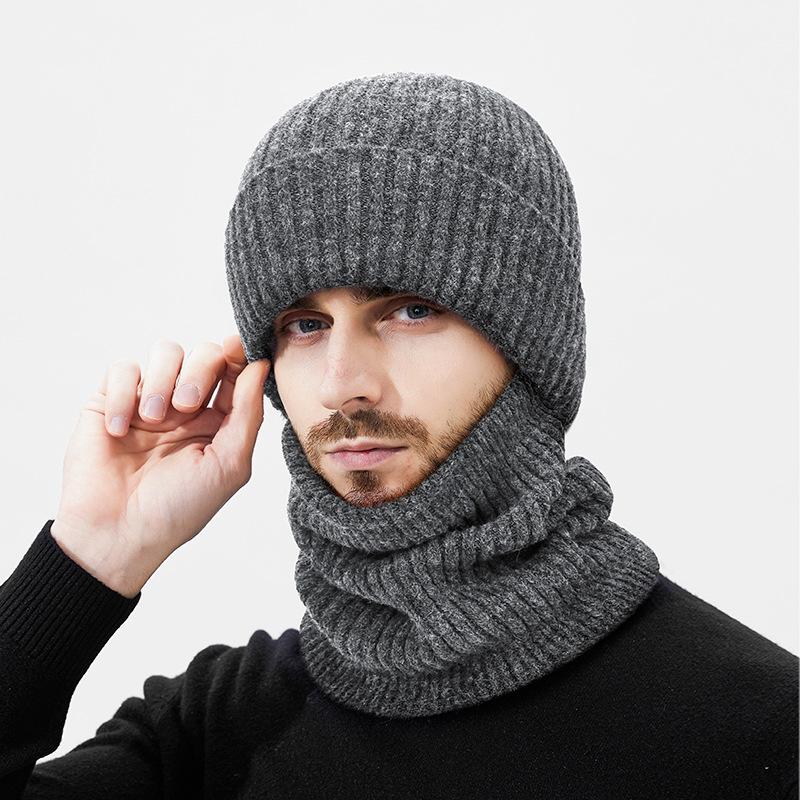 Vinterull Varm Stickad Mössa Herr Utomhus Vindtät Köldtålig Fleece Nackvärmare Tvådelad Ullmössa