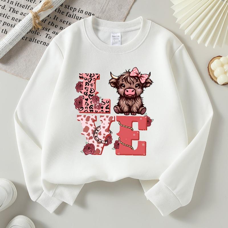 Kids Crew Neck Sweatshirt, Cute Cow Love Pattern Print, Soft Cozy Pullover for Autumn & Winter