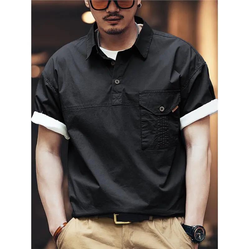 American Retro Heavyweight Work Shirt Men s Short-sleeved Summer Loose Solid Color Thin POLO Shirt L