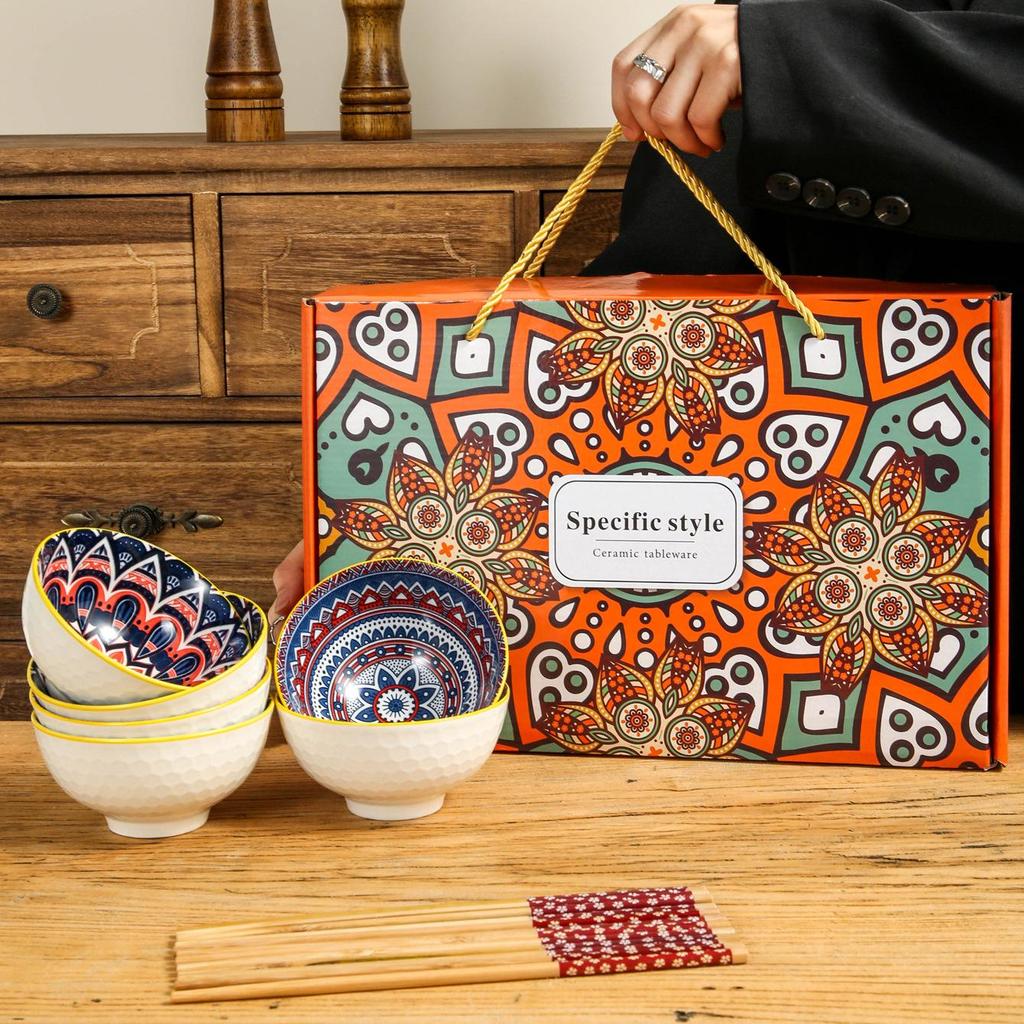 Retro Vintage Ceramic Dinnerware Set: Bowls, Plates, Dishes, Chopsticks in Gift Box - Sophisticated Small Souvenir.