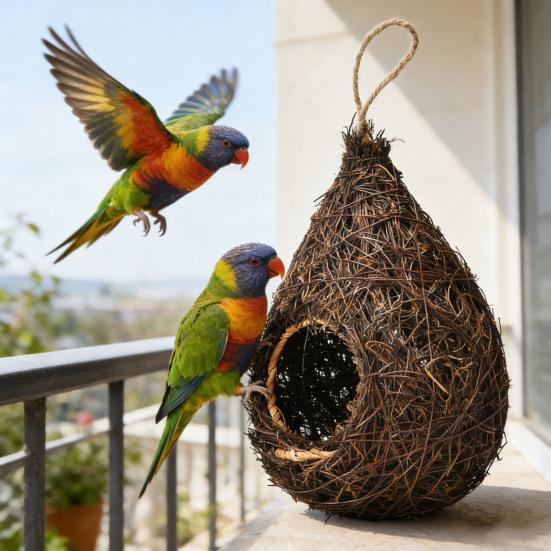 Yousheng Hanging Bird House Natural Grass Hanging Bird Hut Hand Woven Drop Shape Birdhouse for Small Birds Budgies Garden Patio Terrace Indoor Outdoor