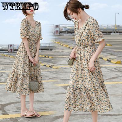 French Floral V-neck Chiffon Dress Summer Korean Version of The Ladies Waist Concealed Elegant Loose Large Size Dress