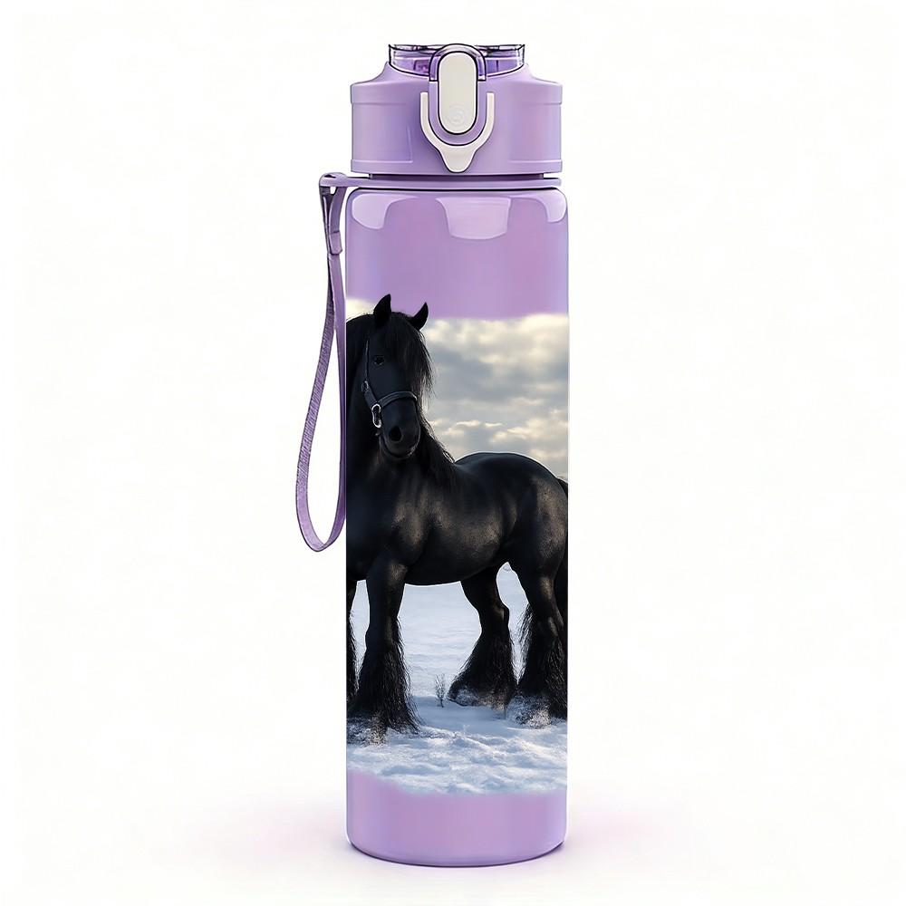 1PC Black Horse Snow Winter Scene Print 750ml Color Plastic Sports Water Bottle Leakproof Flip Straw Lid Suitable for Sports Office Home Use