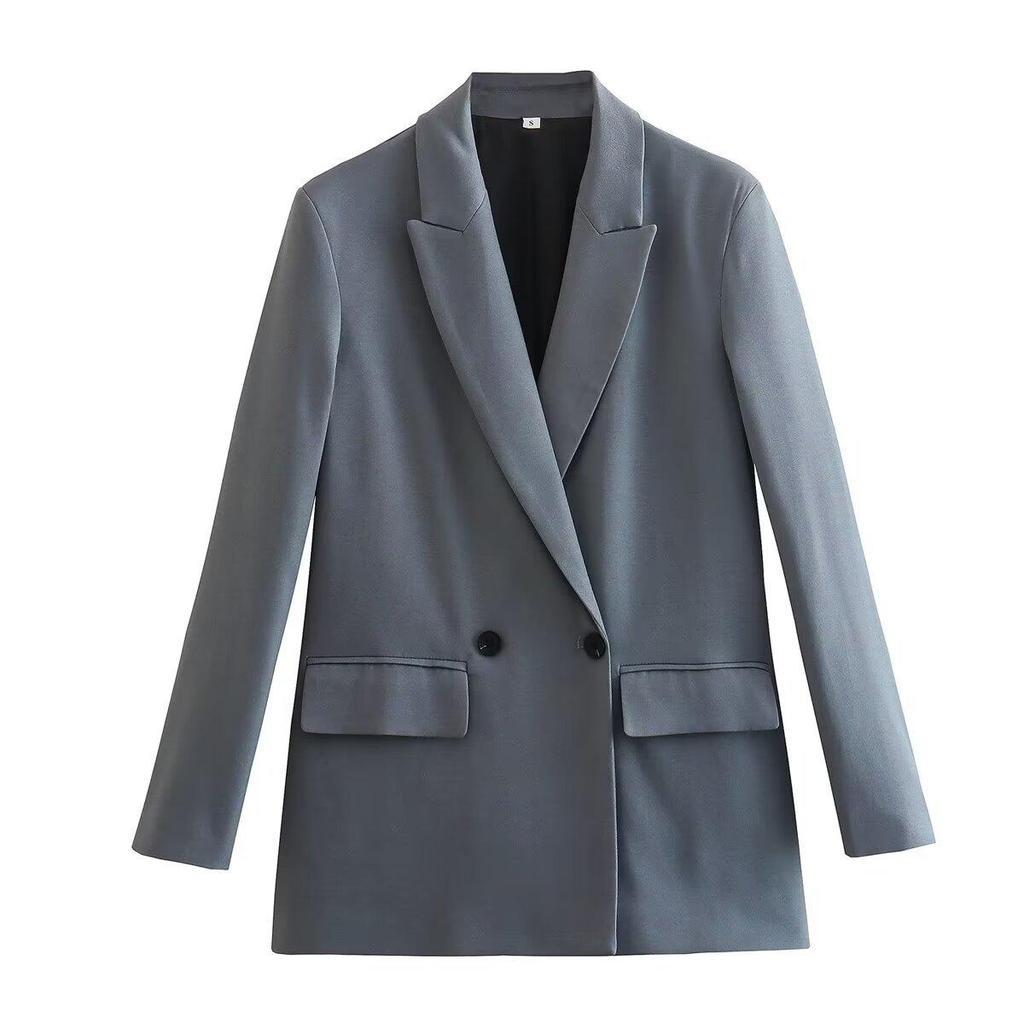 Women's Fashion Double Breasted Loose Fitting Blazer Coat Vintage Long Sleeve Pockets Female Outerwear Chic Veste