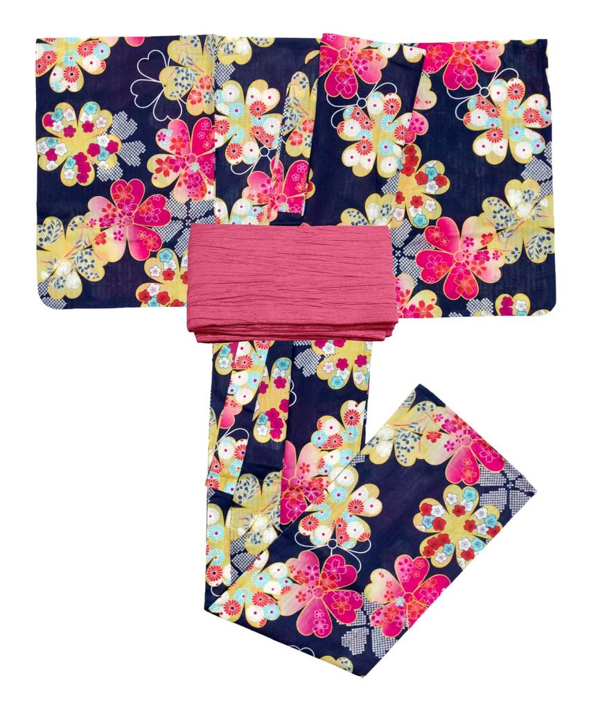 Yukata Set Junior Retro B Change Weave 2 Piece Set Heiko Girls All [KYOETSU] (Yukata, Obi) (150cm, 1. Flowers)