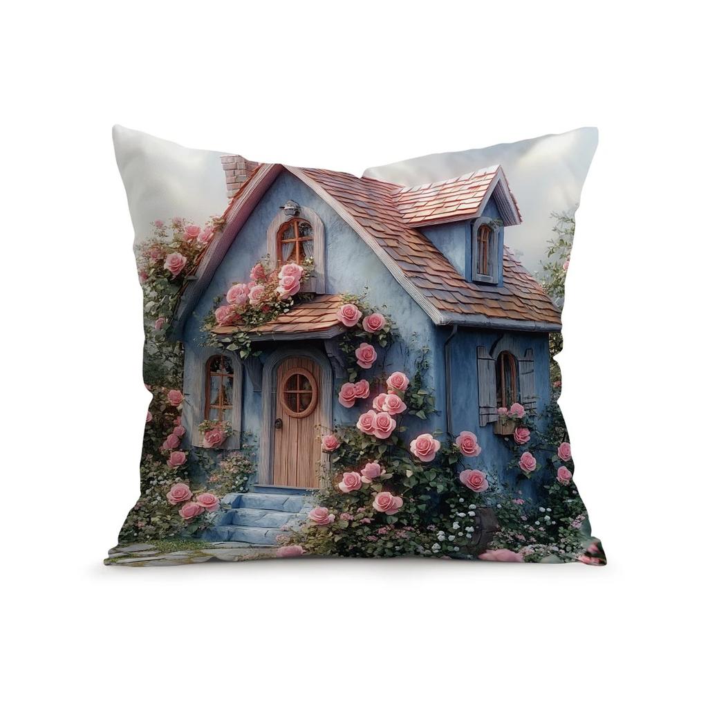 Cottages Flowers Decorative Pillow Covers Pattern Cushion Cover Suitable For Sofa Bedroom Car Pillow Cover