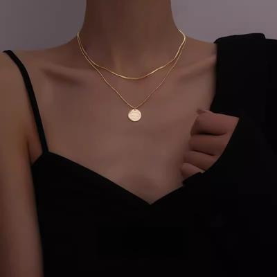 European and American Retro Niche Neck Chain Double-layer Stacked Round Brand Pendant Necklace Cold Titanium Steel Clavicle Chain