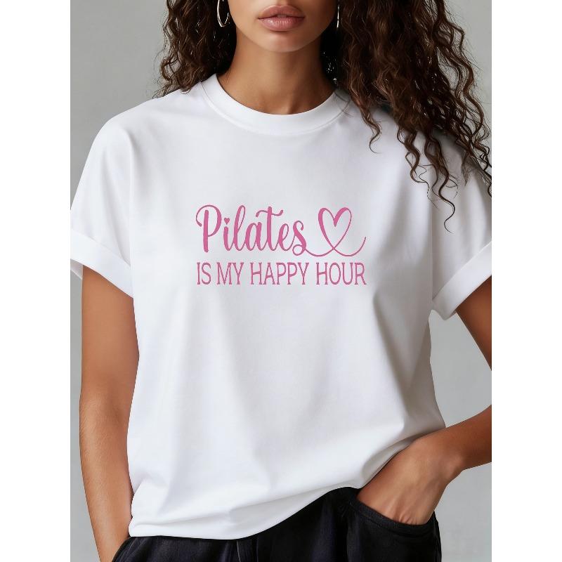 

Women Happy Hour Letter Heart Print Crew Neck Short Sleeve Tee Soft Vintage Style For Classes Layering And Daily Casual Wear Machine Washable S белый