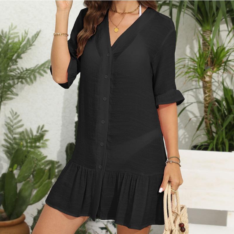 Women's V Neck Ruffled Buttons Beach Smock Cardigan Casual Dress