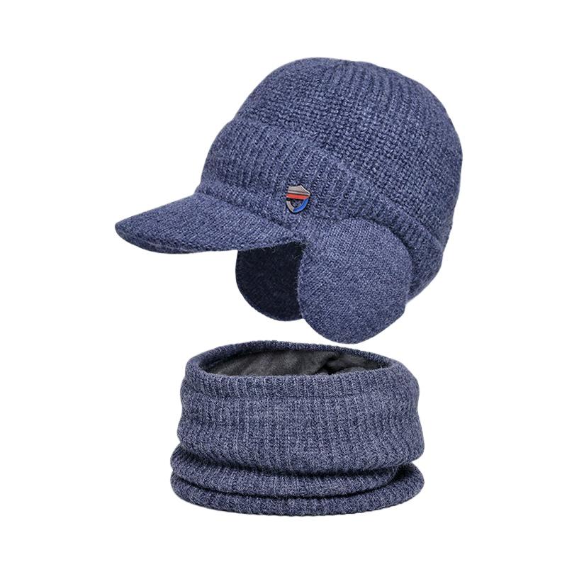 Winter warm ear protection hat scarf set plush wool hat men's European and American pullover knitted hat