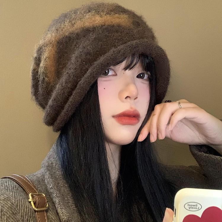 Korean Sweet and Cool Versatile Thickened Bow Pile Hat Autumn and Winter Casual Windproof Warm Wool Hat Big Head Cold Hat