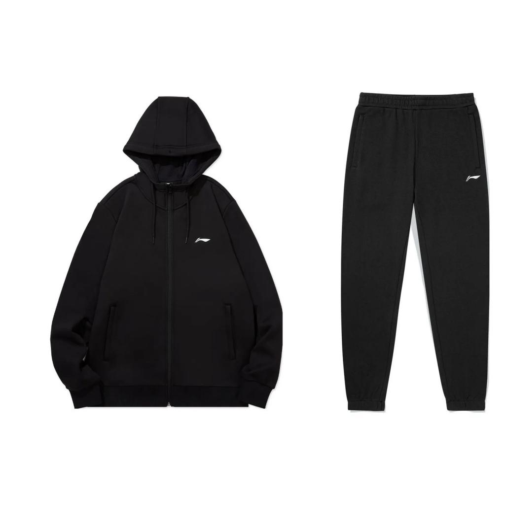 Li Ning Hooded Long Sleeve Cardigan Jacket With Brand Logo Versatile Casual Sports Suit Men suit Black AWDTD77-1+AKLSG29-1