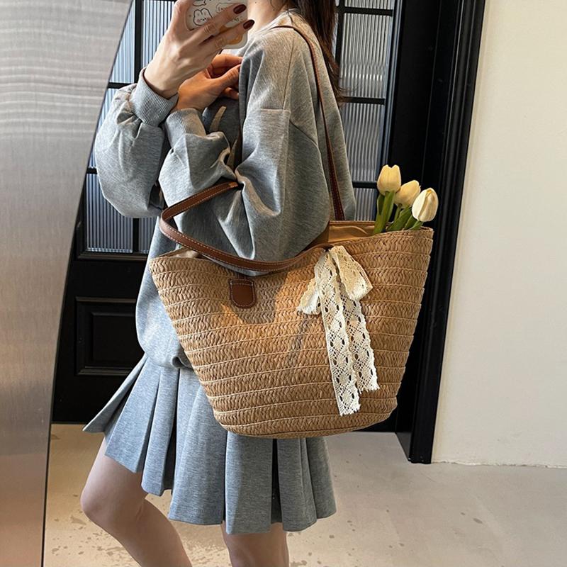 Women's Large Capacity New Vacation Beach Straw Shoulder Bag Woven Commuter Bucket Bag Basket Tote Bag