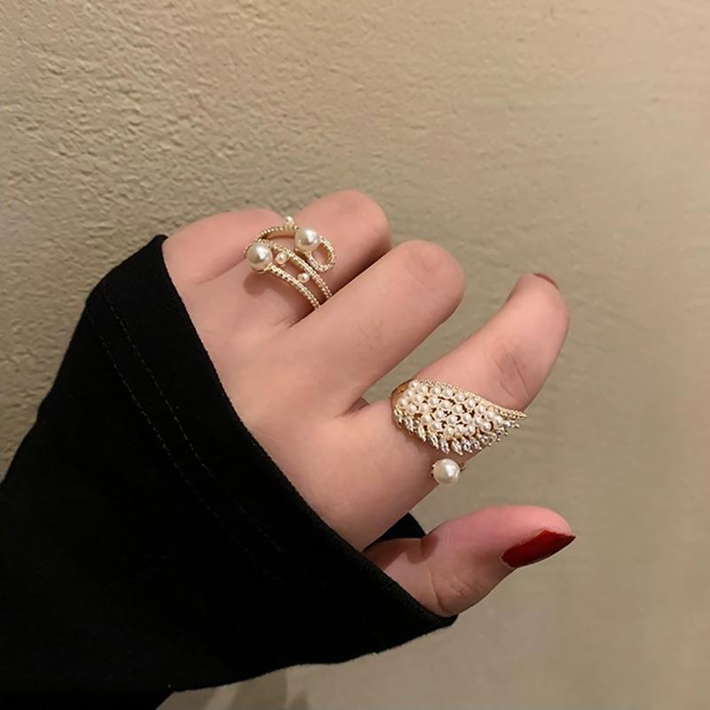 Koreansk Ring Imitasjonsperle Vinger Zirkon Åpne Ringer Utsøkt Geometrisk Fingerring Kvinner Trendy Temperament Allsidige Smykker