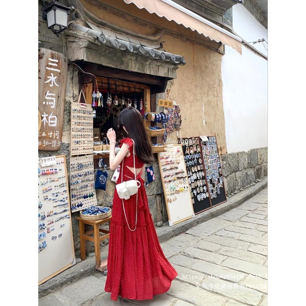 Red floral small flying sleeve backless dress women's summer new thin gentle versatile seaside vacation long skirt