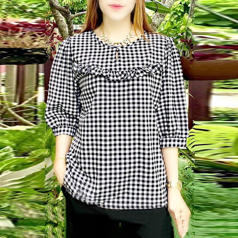 

ZANZEA Жіночі літні блузки в клітку з круглим вирізом і рукавом 3/4 S чорний