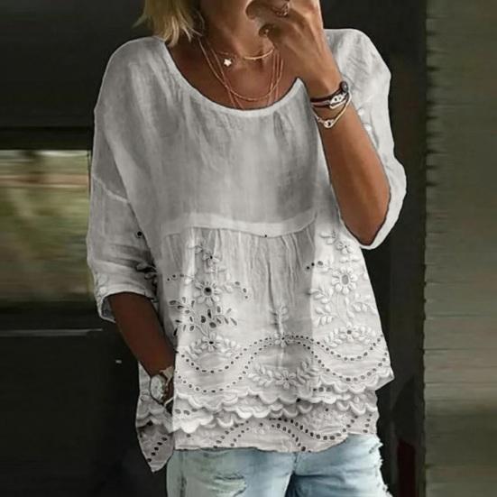Damen T-Shirt Rundhalsausschnitt Halbe Ärmel Stickerei Blumenmuster Lockerer Saum T-Shirt Einfarbige Falten Design Sommer Oberteile