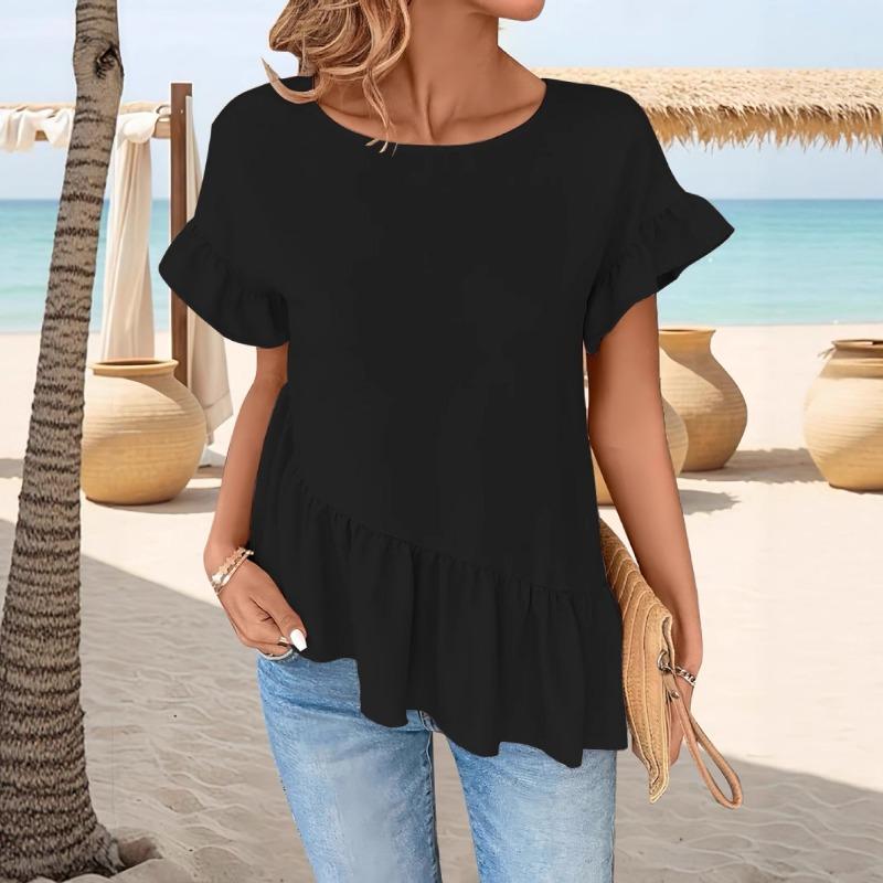 Elegant Solid Color Women's Woven T-Shirts Round Neck Flutter Sleeves & Ruffled Hem T-Shirt Stylish Summer Top