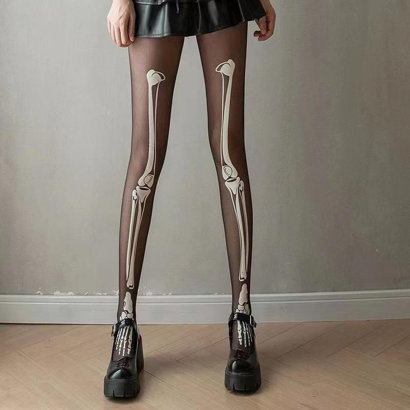 Fashion Tights Sexy Skeleton Legging Nightclub Bar Stockings Halloween Skull Bones Black Pantyhose for Women Young Girls