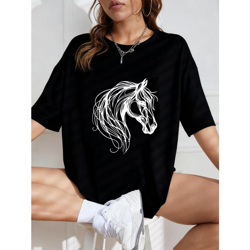 White Oversized T-Shirt With Horse Outline Print For Casual Wear