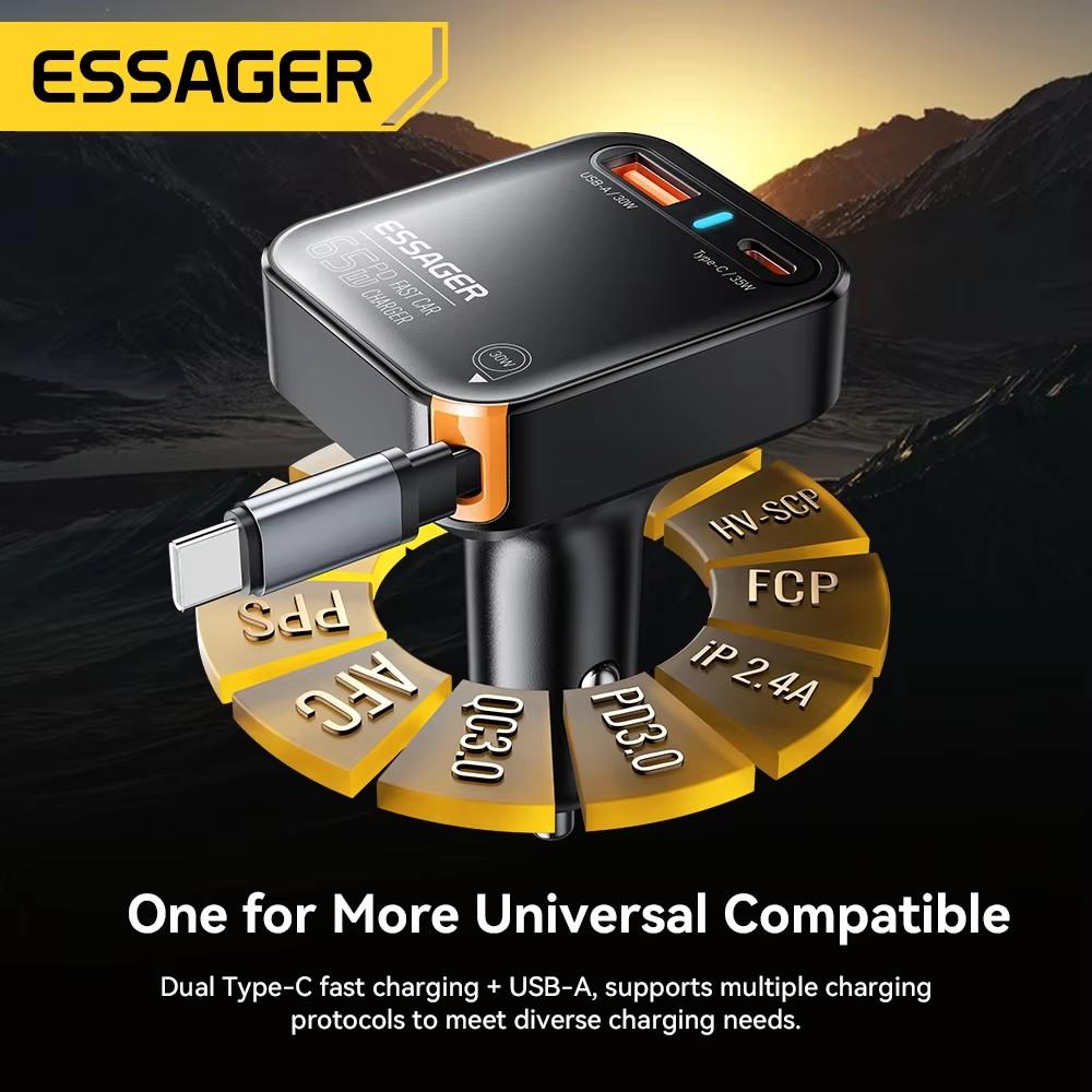 Essager 65W USB C Car Charger 3 Ports with Retractable Cable PD3.0 QC3.0 30W Fast Charging for iPhone 16 15 iPad Samsung Xiaomi